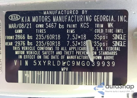 2021 Kia Sorento S z USA, uszkodzony, nr VIN 5XYRLDLC9MG039939